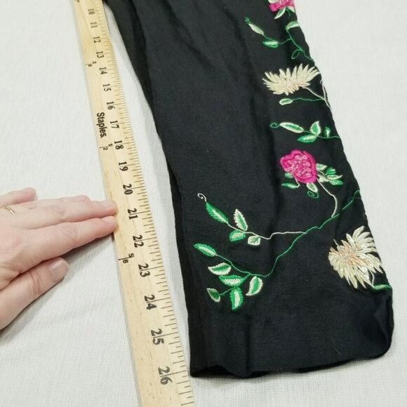 Womens Embroidered Floral Pants Black Linen Rayon Blend 10 Boho Indie Festival - Picture 8 of 12